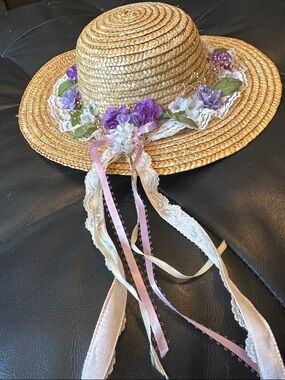 Vintage Straw Sun Hat with Purple Floral Trim